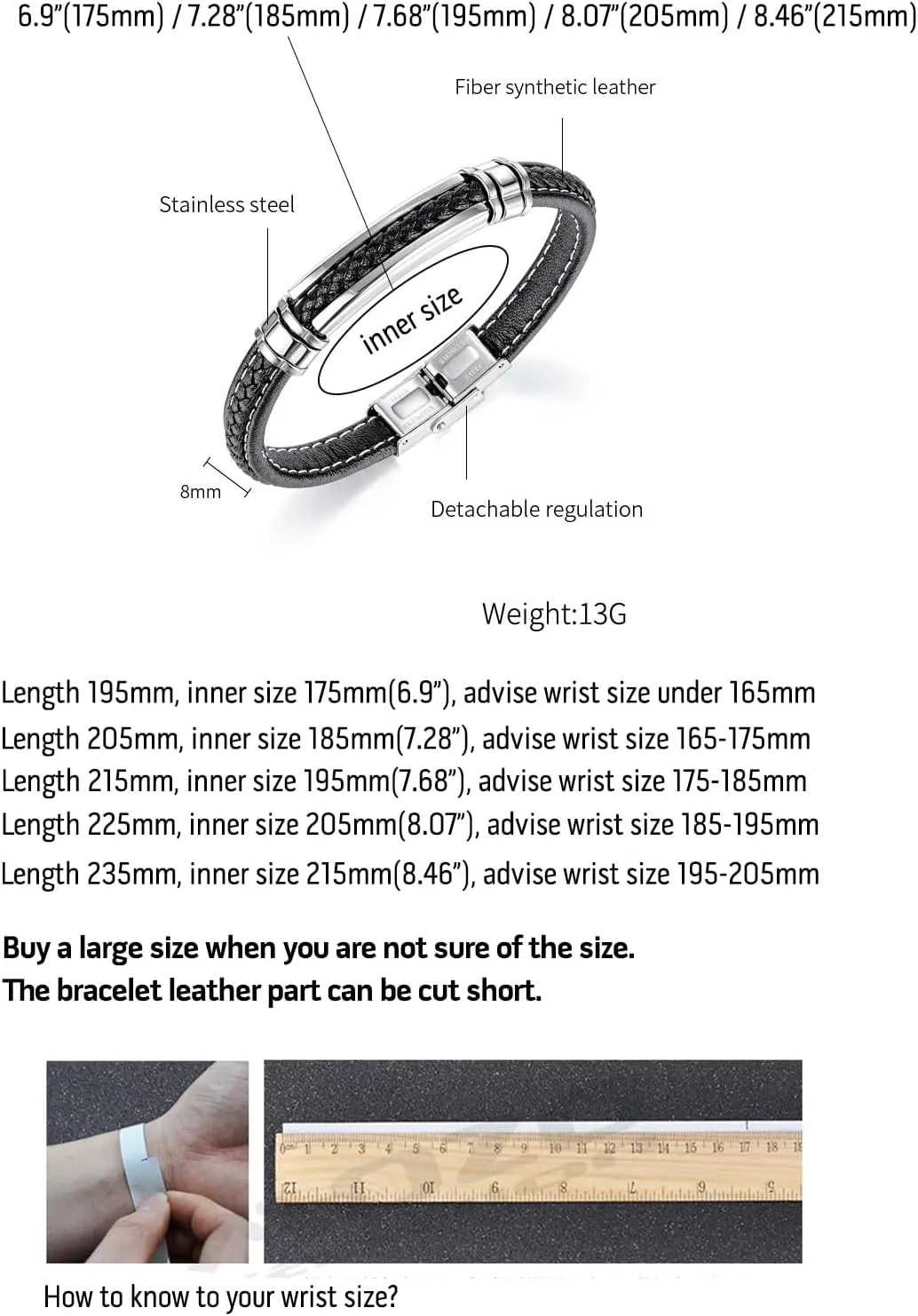 Mens Black Leather Bracelet Silver Stainless Steel Adjustable Buckle Bracelets Pulseras para Hombre