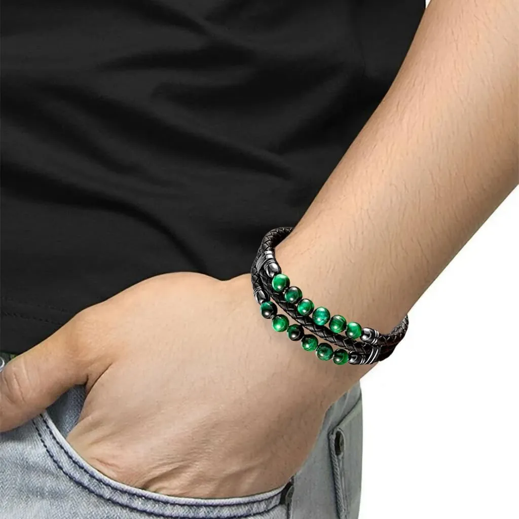 Mens Leather Braided Tiger Eye Bead Bracelet Stainless Steel Clasp Cuff Bracelets Gift for Men Him