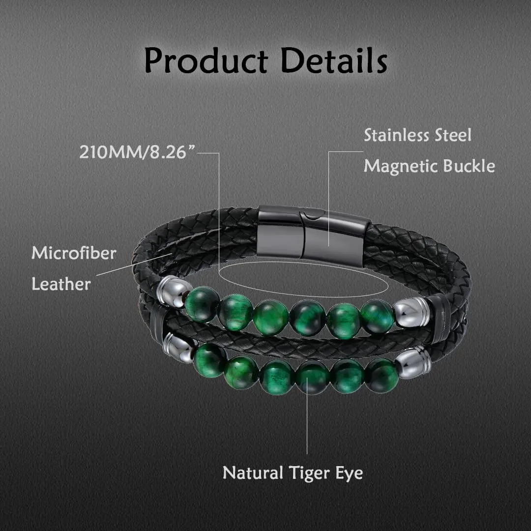 Mens Leather Braided Tiger Eye Bead Bracelet Stainless Steel Clasp Cuff Bracelets Gift for Men Him