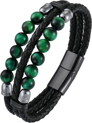 Mens Leather Braided Tiger Eye Bead Bracelet Stainless Steel Clasp Cuff Bracelets Gift for Men Him
