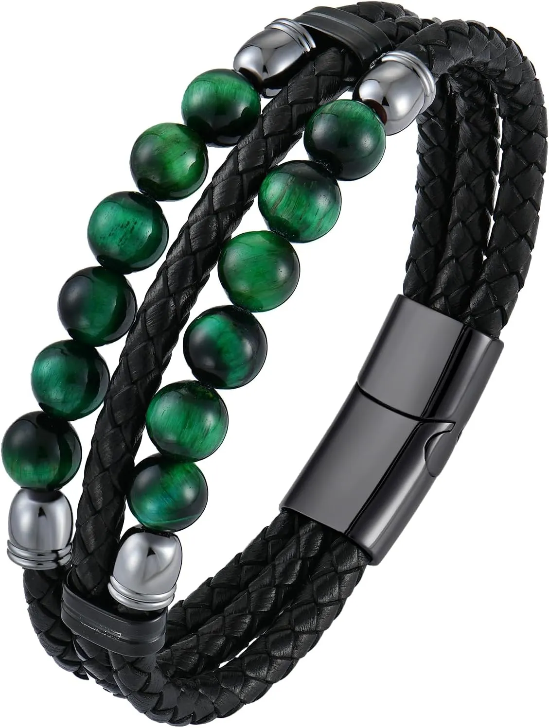 Mens Leather Braided Tiger Eye Bead Bracelet Stainless Steel Clasp Cuff Bracelets Gift for Men Him
