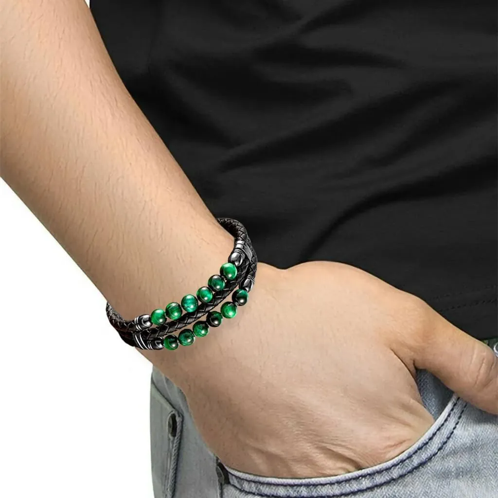 Mens Leather Braided Tiger Eye Bead Bracelet Stainless Steel Clasp Cuff Bracelets Gift for Men Him