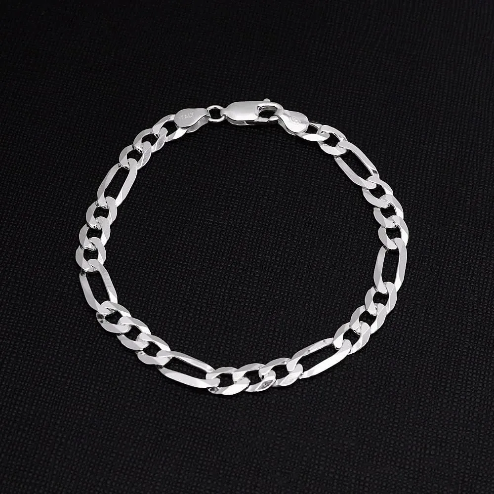 Mens Solid 925 Sterling Silver Chain Bracelet - 6.2mm Figaro Links Chain Bracelet for Men and Women Length 17.5cm 18.5cm, 19.5cm, 20cm, 21cm and 23cm