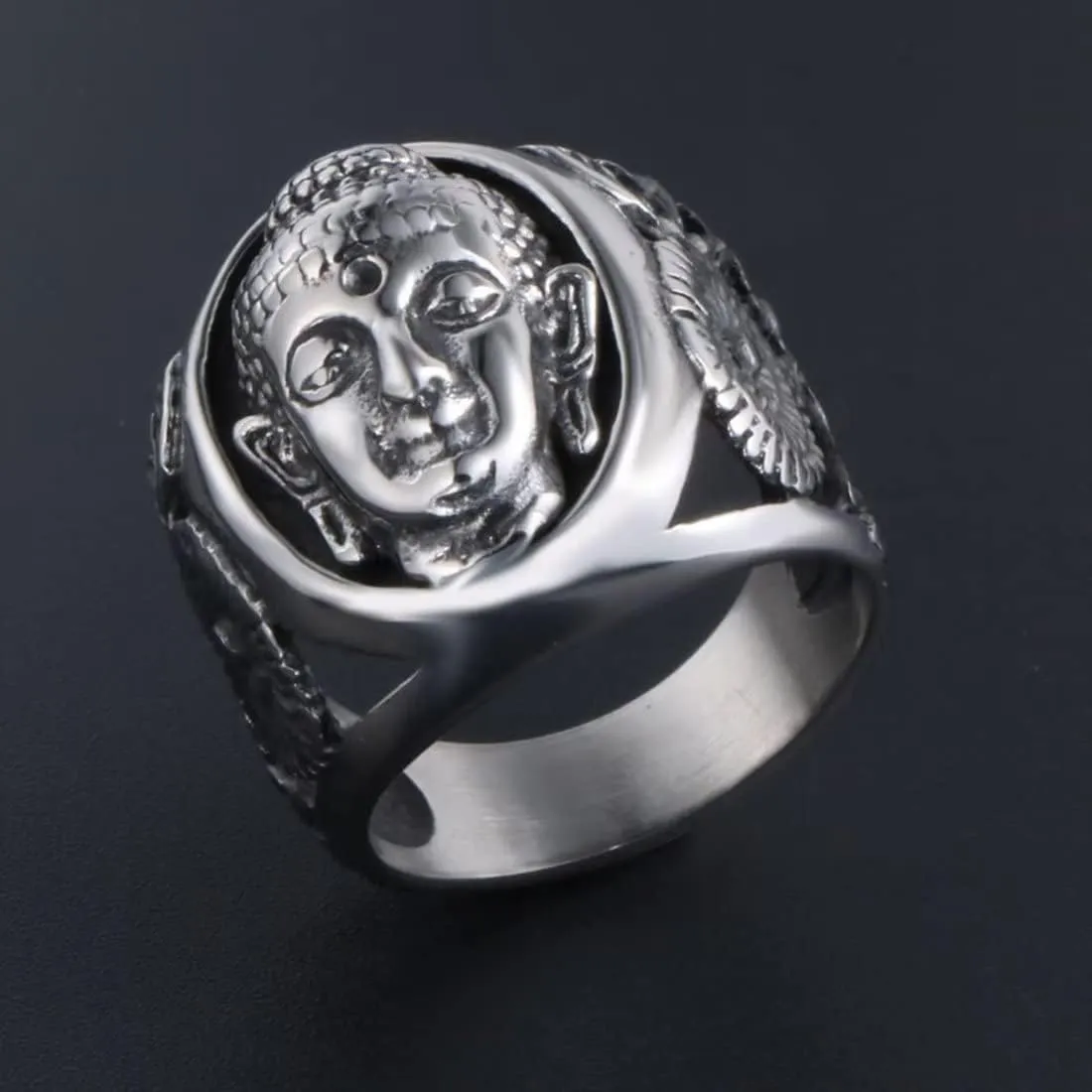 Men's Stainless Steel Buddha Sakyamuni Head Engraved Ring Vintage Chinese Style Amulet Biker Band Rings