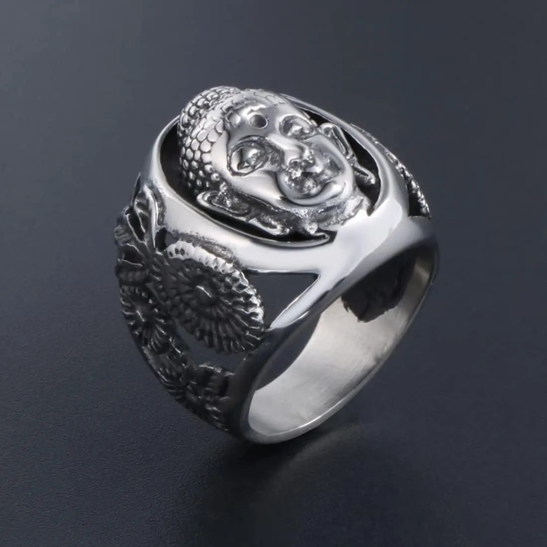 Men's Stainless Steel Buddha Sakyamuni Head Engraved Ring Vintage Chinese Style Amulet Biker Band Rings