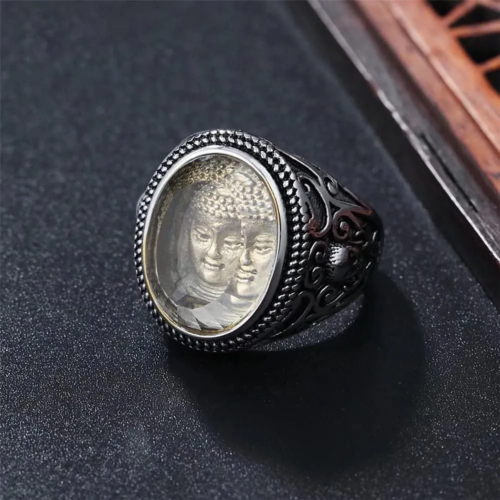 Men's Stainless Steel Buddha Sakyamuni Head Ring Chinese Tibetan Buddhist Amulet Band Rings