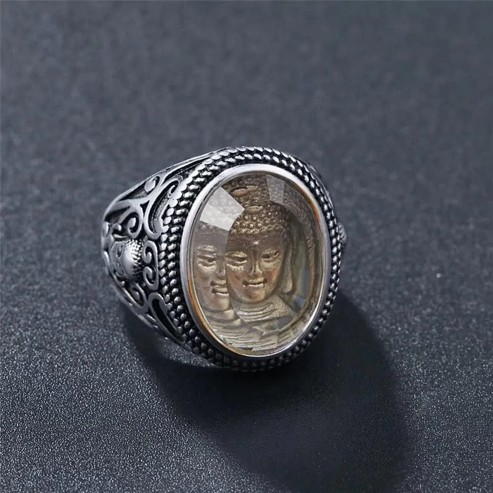 Men's Stainless Steel Buddha Sakyamuni Head Ring Chinese Tibetan Buddhist Amulet Band Rings