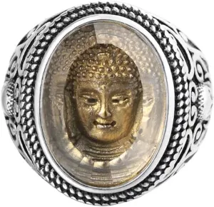 Men's Stainless Steel Buddha Sakyamuni Head Ring Chinese Tibetan Buddhist Amulet Band Rings