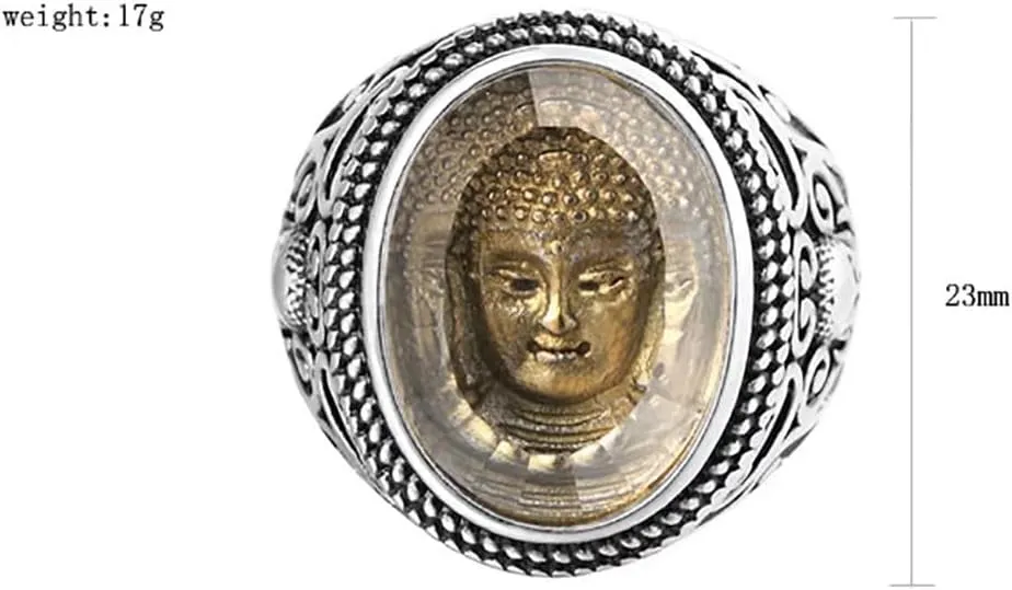 Men's Stainless Steel Buddha Sakyamuni Head Ring Chinese Tibetan Buddhist Amulet Band Rings