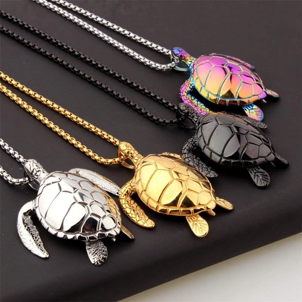 Men's Stainless Steel Tortoise Pendant Necklace Sea Turtle Design Silver/Gold/Black/Rainbow