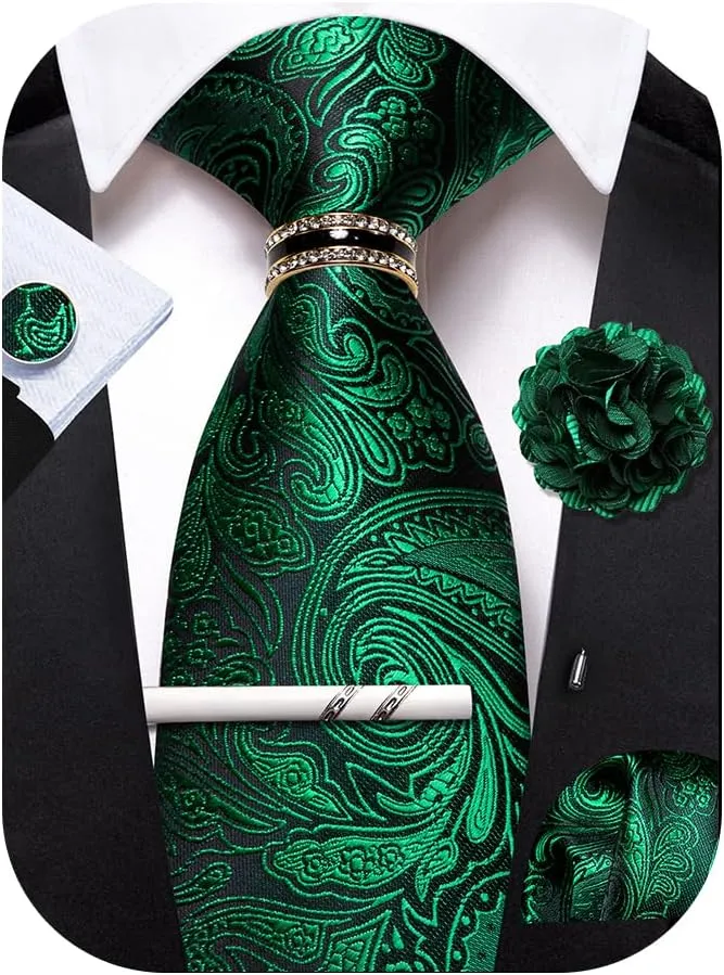 Men's Tie Sets Floral Paisley Woven Necktie Pocket Square Cufflinks with Lapel Pin Brooch Tie Clip Tie Ring