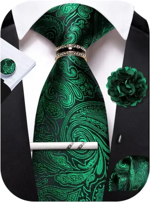 Men's Tie Sets Floral Paisley Woven Necktie Pocket Square Cufflinks with Lapel Pin Brooch Tie Clip Tie Ring