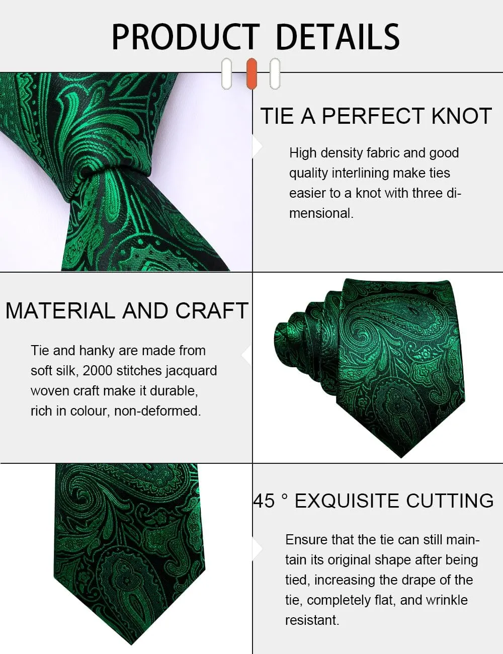 Men's Tie Sets Floral Paisley Woven Necktie Pocket Square Cufflinks with Lapel Pin Brooch Tie Clip Tie Ring