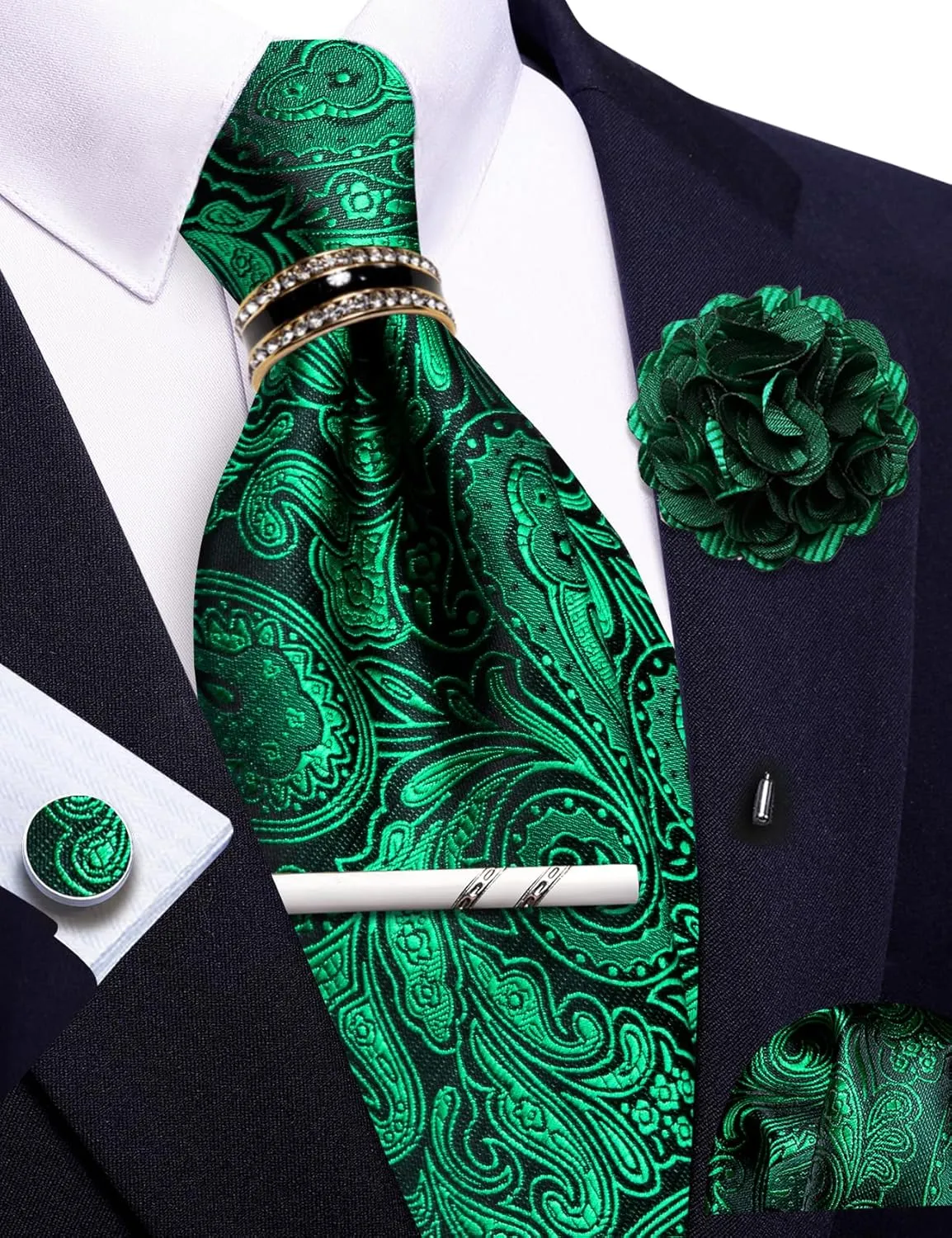 Men's Tie Sets Floral Paisley Woven Necktie Pocket Square Cufflinks with Lapel Pin Brooch Tie Clip Tie Ring