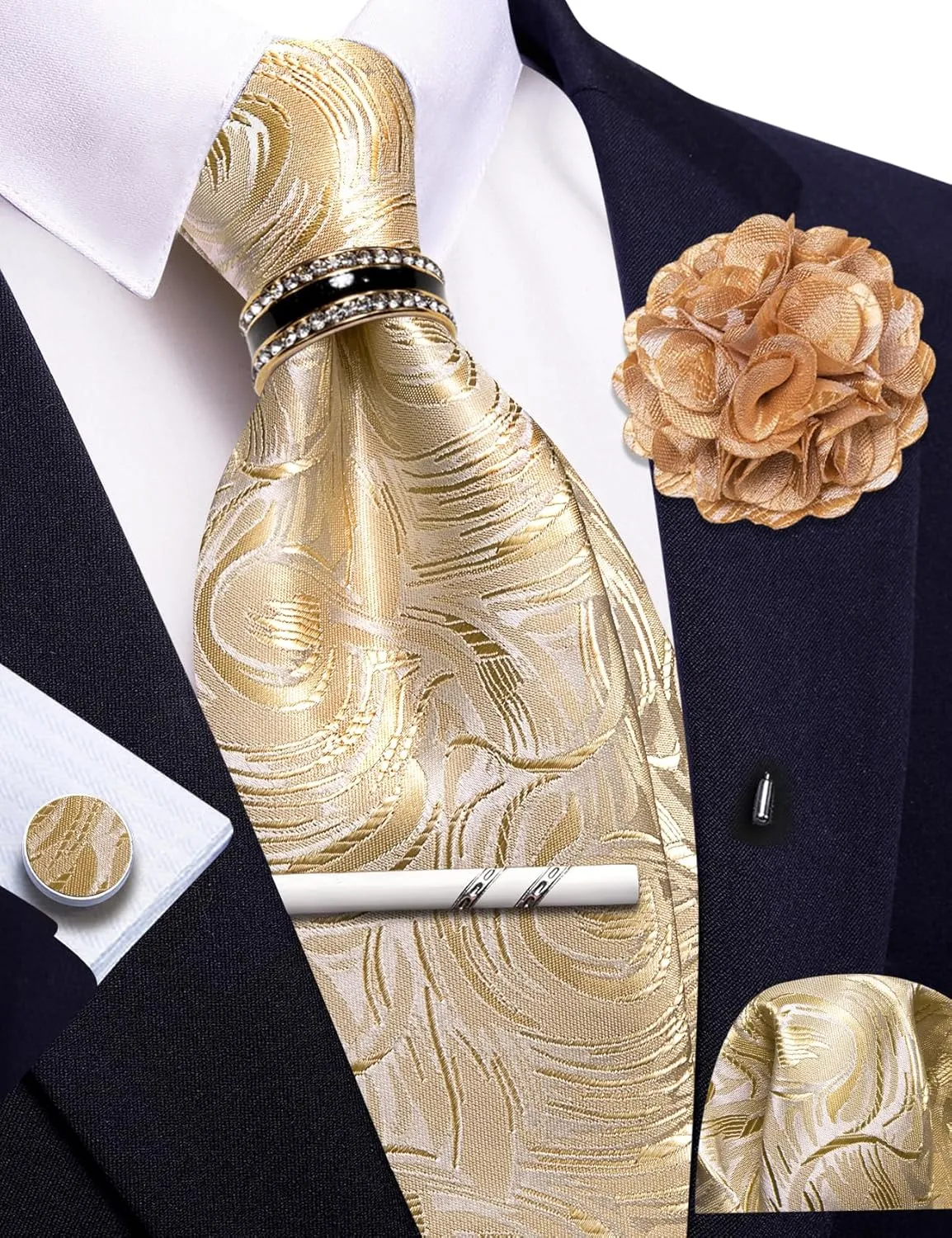 Men's Tie Sets Floral Paisley Woven Necktie Pocket Square Cufflinks with Lapel Pin Brooch Tie Clip Tie Ring