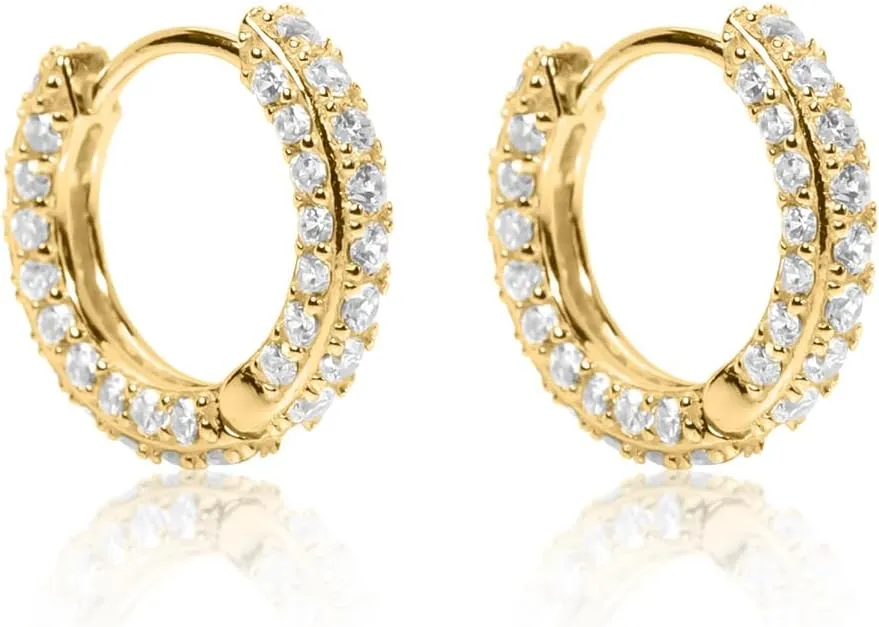Men's Women's Elegant Fully Iced Cz Unisex Yellow Gold 925 Sterling Silver Hoops Thin Lightweight Cubic Zirconia For Sensitive Ears Hypoallergenic Huggie Hoop Earrings Jewelry Gift For Men And Women