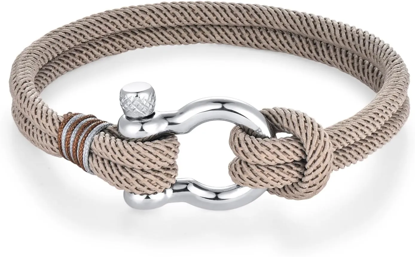 Mens Womens Nautical Sailor Rope Bracelet, Two-row Friendship Bracelet with Steel Screw Anchor Shackles