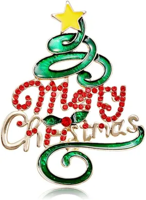 Merry Christmas Lapel Brooch Pin Rhinestone Christmas Tree Lucky Star Enamel Pin Clip Collar Sweater Scarves Dress Hat Backpack Brooches Pins Dainty Xmas Festive Holiday Party Jewelry Gifts Clothes Accessories
