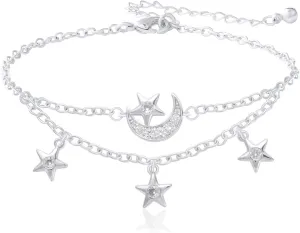 Mesovor Dainty Moon Star Link Bracelet, 16K Gold Plated Adjustable Link Chain | Sparkling Zirconia Bracelet for Women