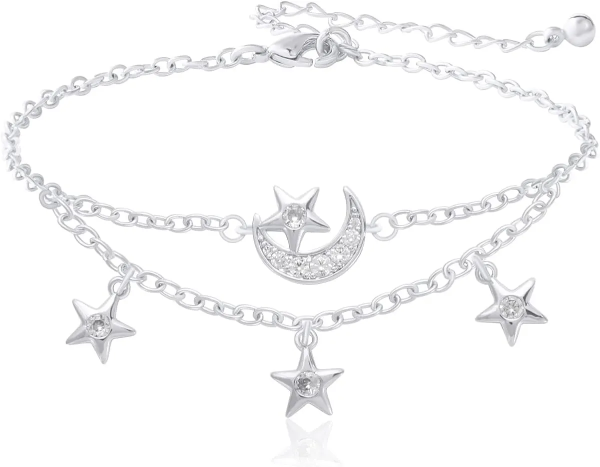 Mesovor Dainty Moon Star Link Bracelet, 16K Gold Plated Adjustable Link Chain | Sparkling Zirconia Bracelet for Women