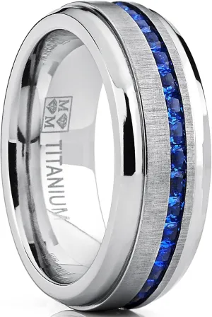 Metal Masters Men's Eternity Titanium Wedding Band Engagement Ring W/Blue Simulated Sapphire Cubic Zirconia Princess CZ