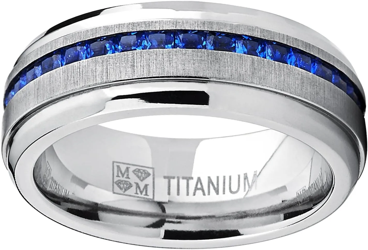 Metal Masters Men's Eternity Titanium Wedding Band Engagement Ring W/Blue Simulated Sapphire Cubic Zirconia Princess CZ