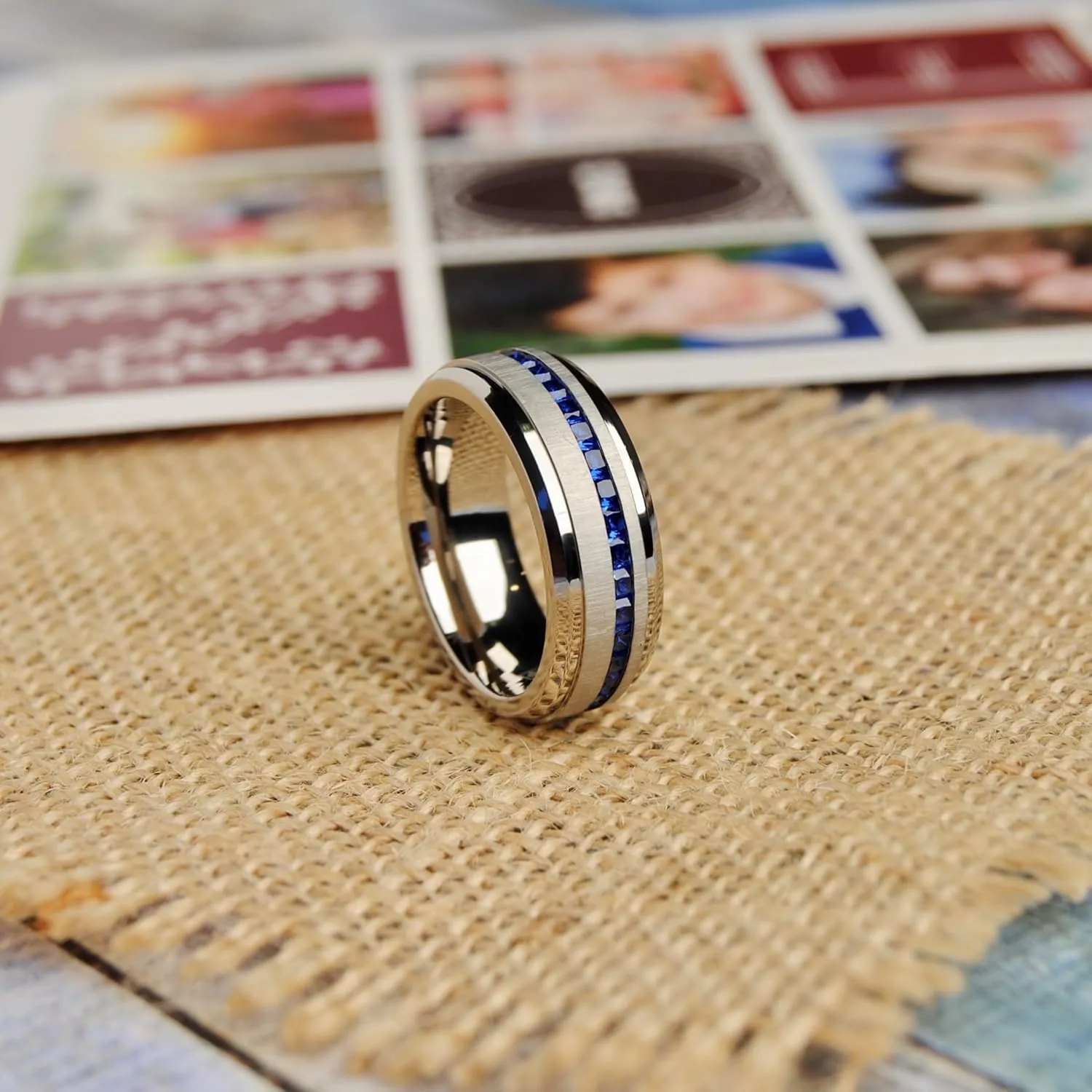 Metal Masters Men's Eternity Titanium Wedding Band Engagement Ring W/Blue Simulated Sapphire Cubic Zirconia Princess CZ