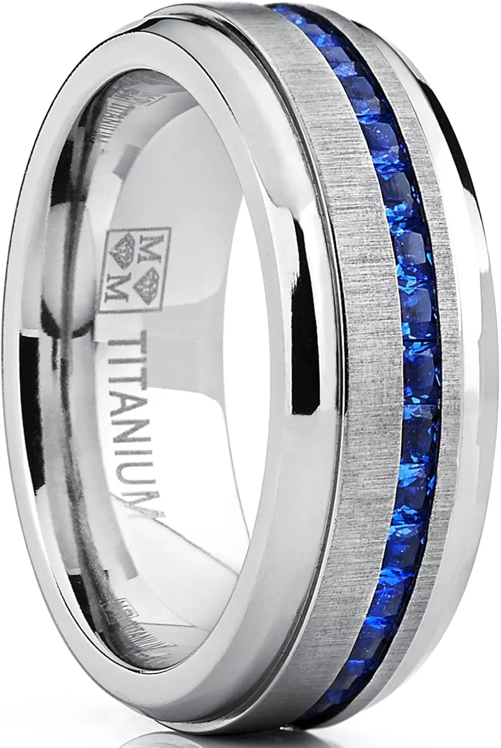 Metal Masters Men's Eternity Titanium Wedding Band Engagement Ring W/Blue Simulated Sapphire Cubic Zirconia Princess CZ