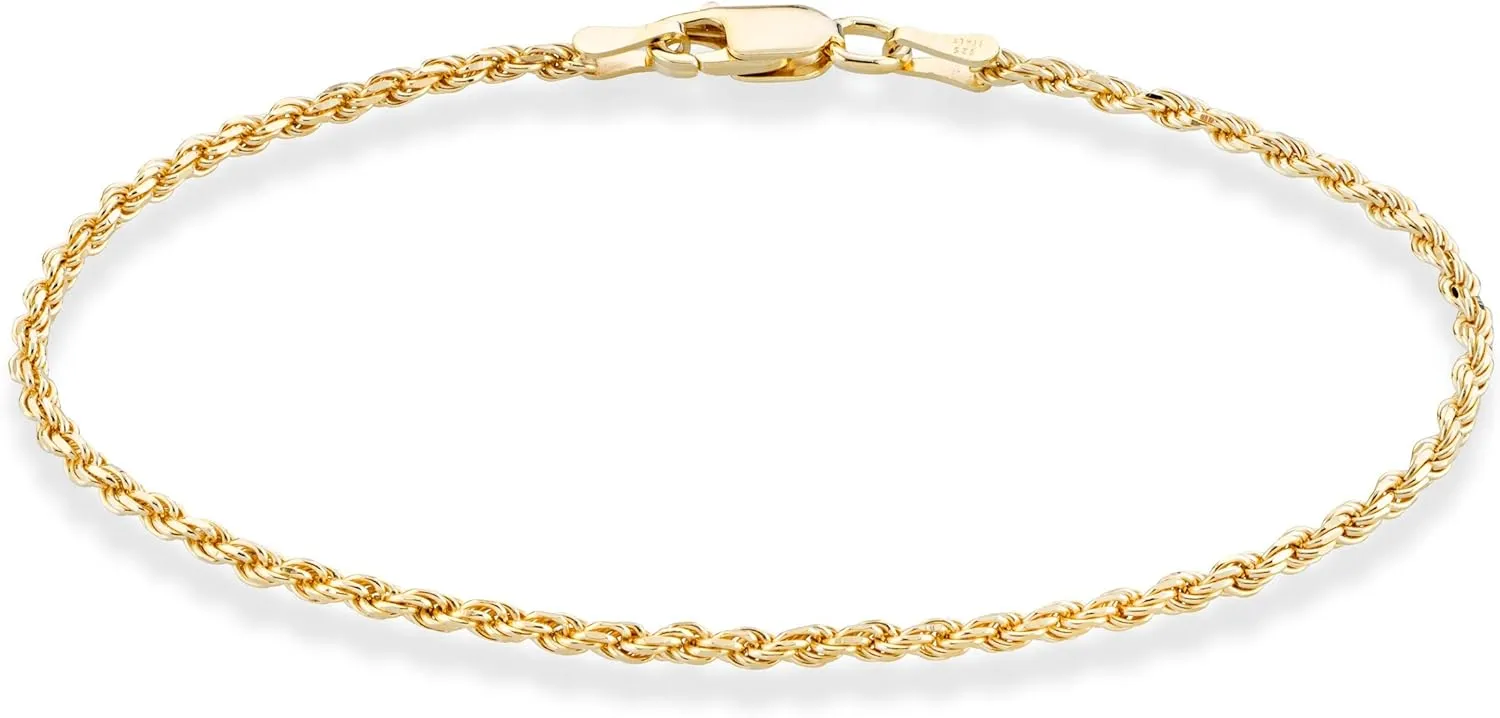 Miabella 18K Gold Over Sterling Silver Italian 2mm, 3mm Diamond-Cut Braided Rope Chain Bracelet for Men Women, Solid 925 Made in Italy