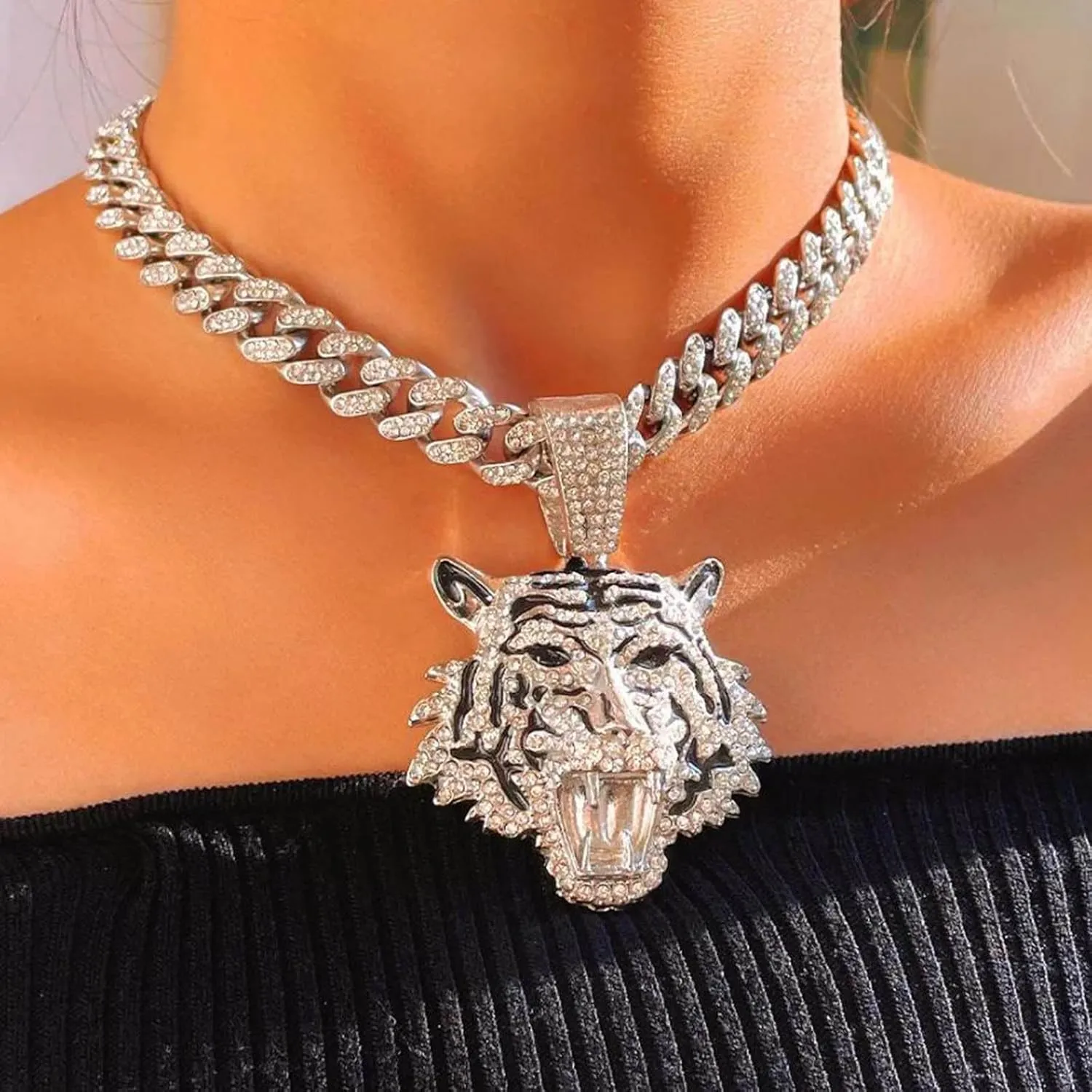 Miami Necklaces Cuban Pedant Necklace, Iced Out Bling Diamond Jewelry Silver/Gold Hip Hop Cuban Link Chains for Men Women