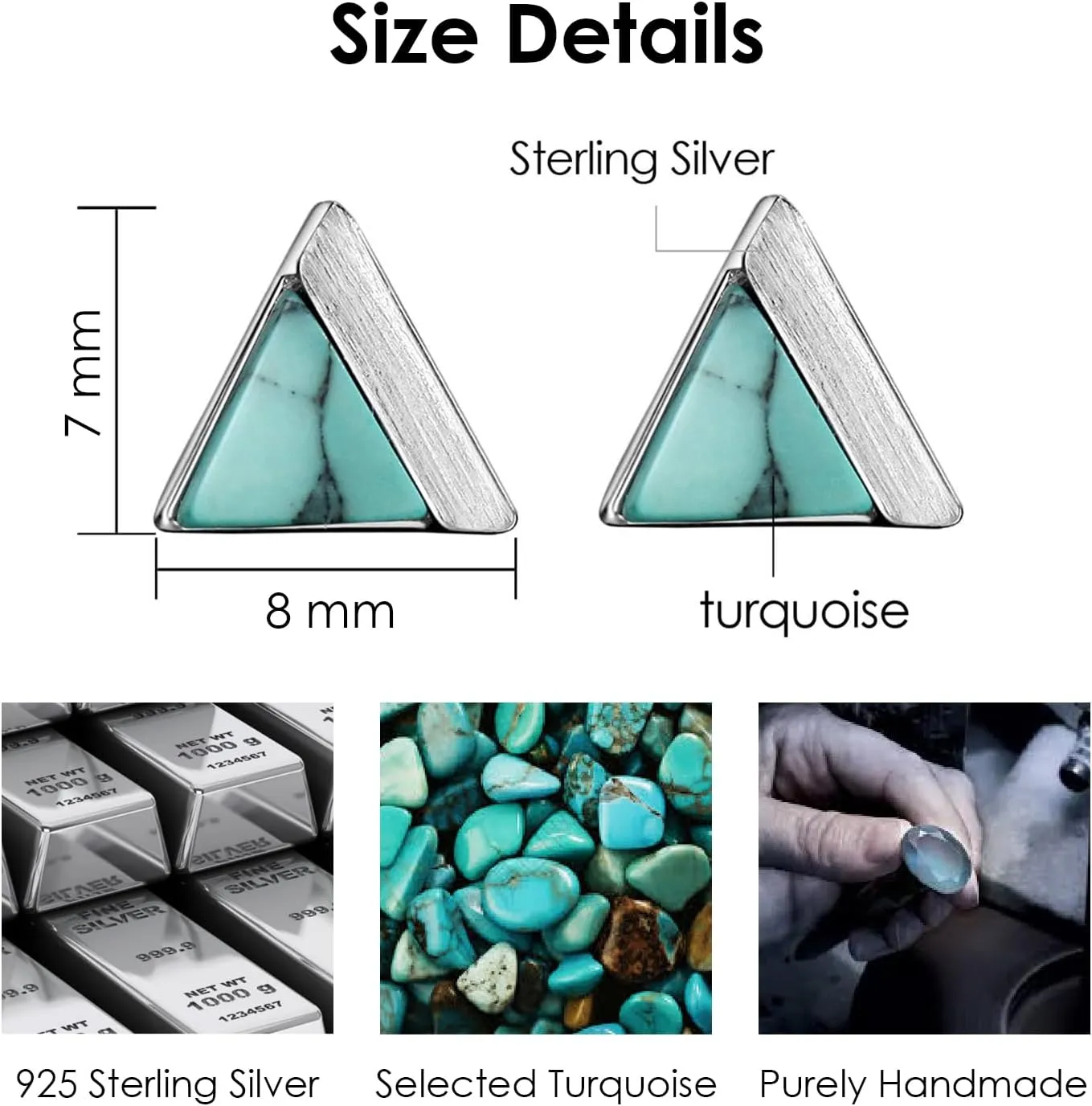 Michooyel Turquoise Stud Earrings for Women, 925 Sterling Silver and Handmade Turquoise Earrings Triangle Cut Simple Jewelry Earring