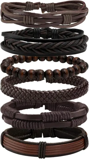 MILAKOO 6 Pcs Punk Braided Leather Bracelets for Men Women Cuff Wrap Wristbands Adjustable