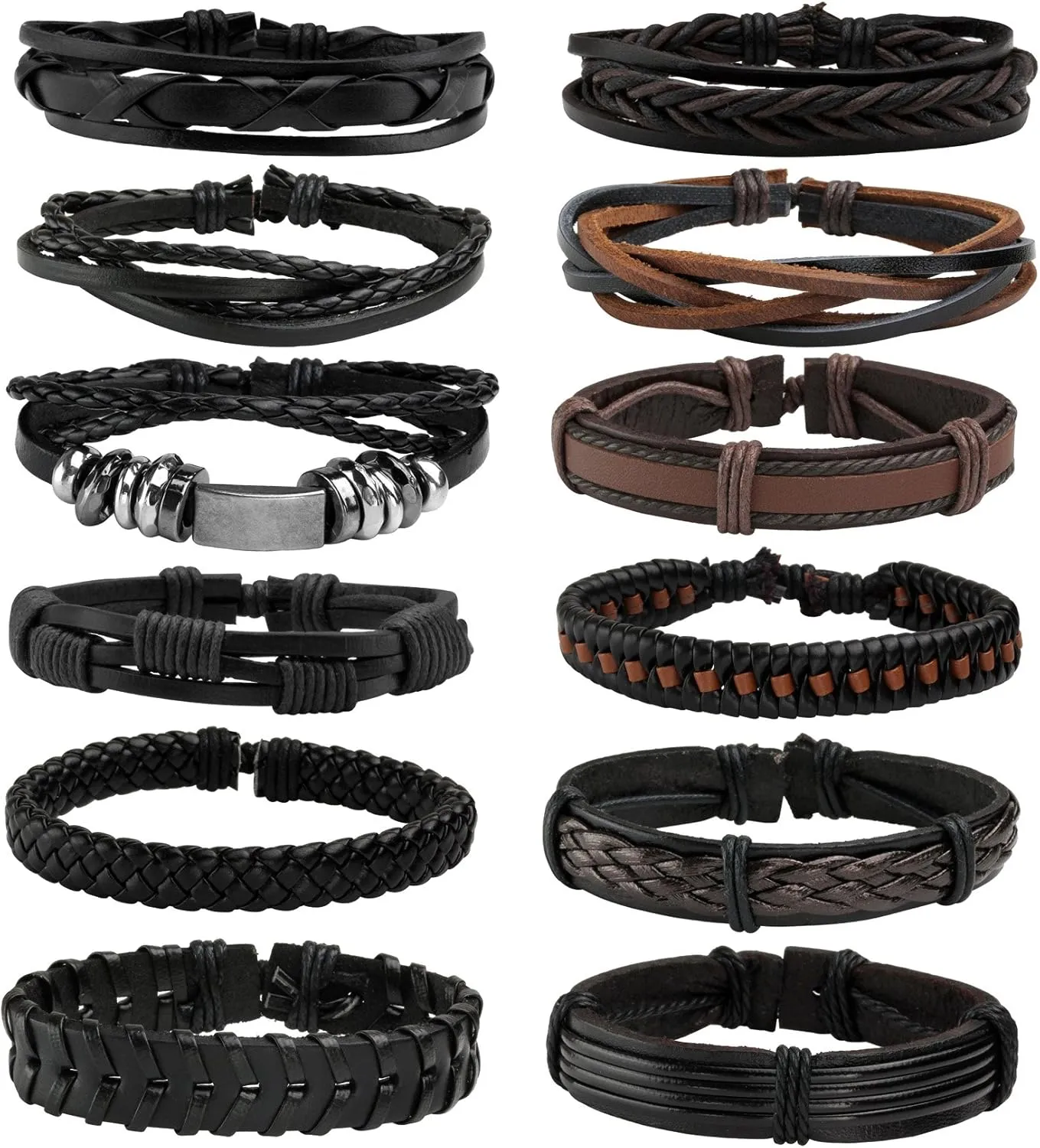 MILAKOO Braided Leather Bracelet for Men Women Cuff Wrap Bracelet Adjustable Black and Brown