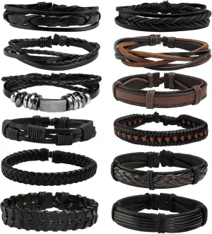 MILAKOO Braided Leather Bracelet for Men Women Cuff Wrap Bracelet Adjustable Black and Brown