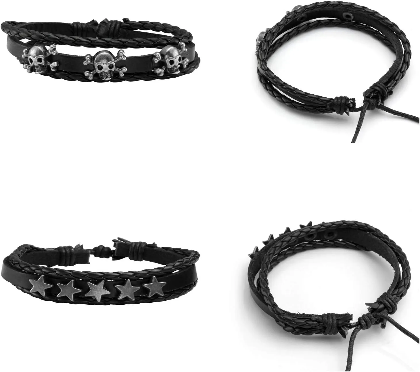 MILAKOO Leather PU Braided Bracelets for Men Women Skull Black Wristband Halloween Punk Enthusiasts