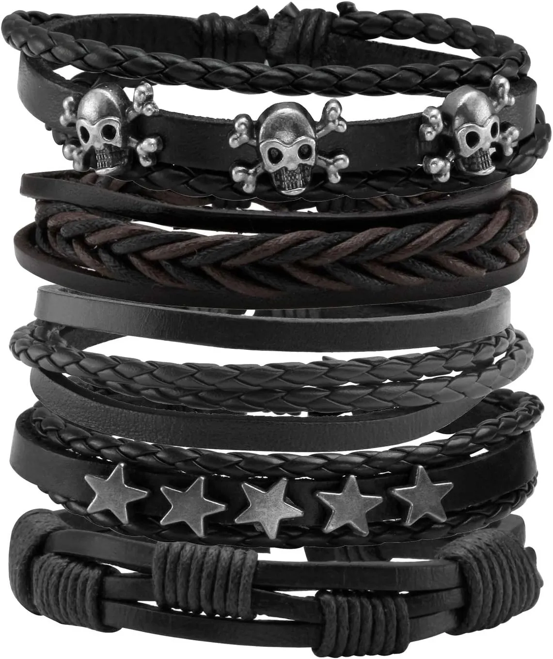MILAKOO Leather PU Braided Bracelets for Men Women Skull Black Wristband Halloween Punk Enthusiasts