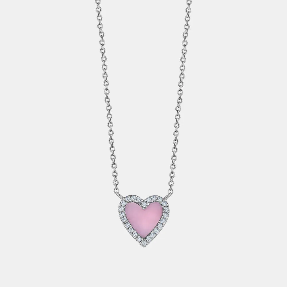 Mini Pink Opal Diamond Border Heart Necklace