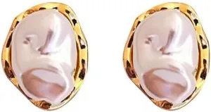 Minimalist Baroque Pearl Stud Earrings for Women  18K Gold Plated, Elegant Irregular Pearl Earrings with Gold Trim, Timeless and Chic Statement Jewelry for Everyday & Special Occasions