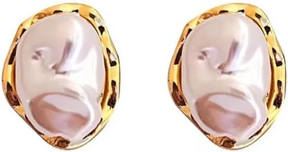 Minimalist Baroque Pearl Stud Earrings for Women  18K Gold Plated, Elegant Irregular Pearl Earrings with Gold Trim, Timeless and Chic Statement Jewelry for Everyday & Special Occasions