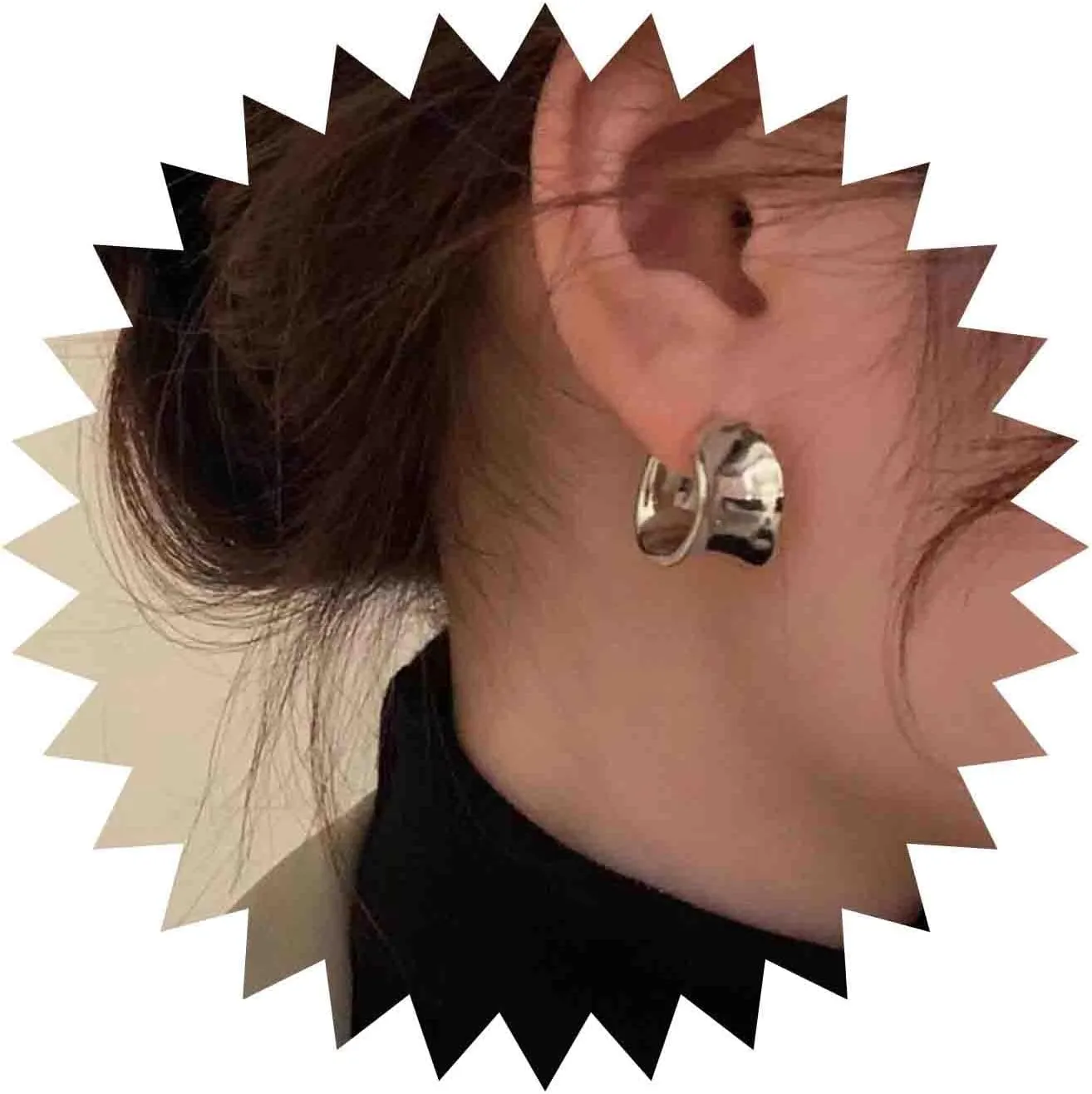 Minimalist Silver Hoop Earrings Irregular Metal Hoop Earrings Wide Thick Huggie Hoop Earrings Chunky Hlaf Hoop Earrings Polished Hammered Hoop Earrings Jewelry For Women
