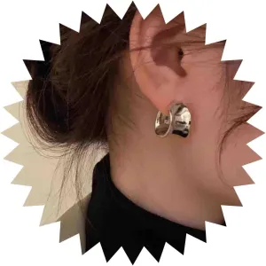Minimalist Silver Hoop Earrings Irregular Metal Hoop Earrings Wide Thick Huggie Hoop Earrings Chunky Hlaf Hoop Earrings Polished Hammered Hoop Earrings Jewelry For Women