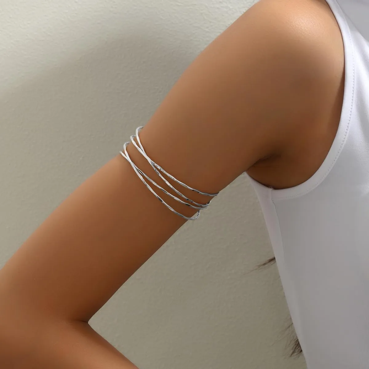 Minimalist Women's Gold Silver Adjustable Arm Bracelet - Dainty Layered Armband Boho Bangle Bracelets - Boho Bangle Armlet Jewelry Gift Set