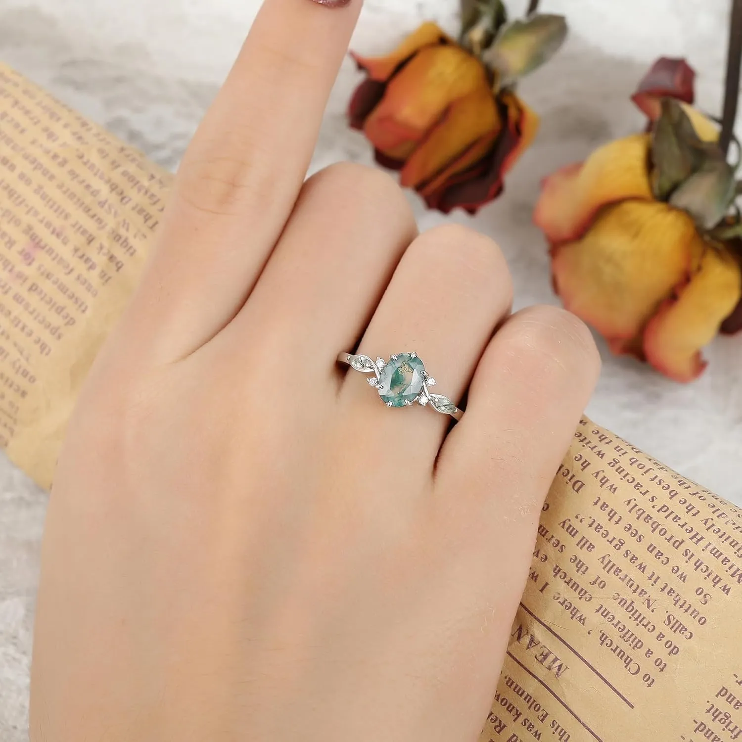 Mix Art Deco 1.0ct-1.5ct Natural Moss Agate 925 Silver Women Rings: Various Cut Green Agate Engagement Rings Plated with Platinum, Leaf Vines & Geometric Sterling Silver Bridal Promise Ring for Her (1.5ct 1.35ct 1.3ct 1.1ct 1.0ct) Size 4-9