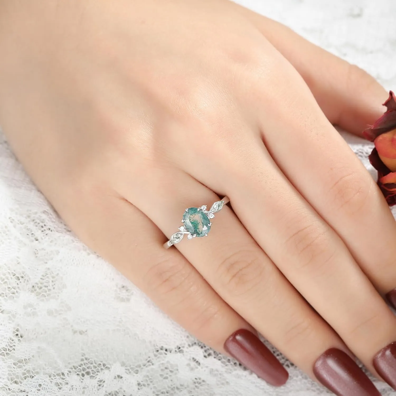 Mix Art Deco 1.0ct-1.5ct Natural Moss Agate 925 Silver Women Rings: Various Cut Green Agate Engagement Rings Plated with Platinum, Leaf Vines & Geometric Sterling Silver Bridal Promise Ring for Her (1.5ct 1.35ct 1.3ct 1.1ct 1.0ct) Size 4-9