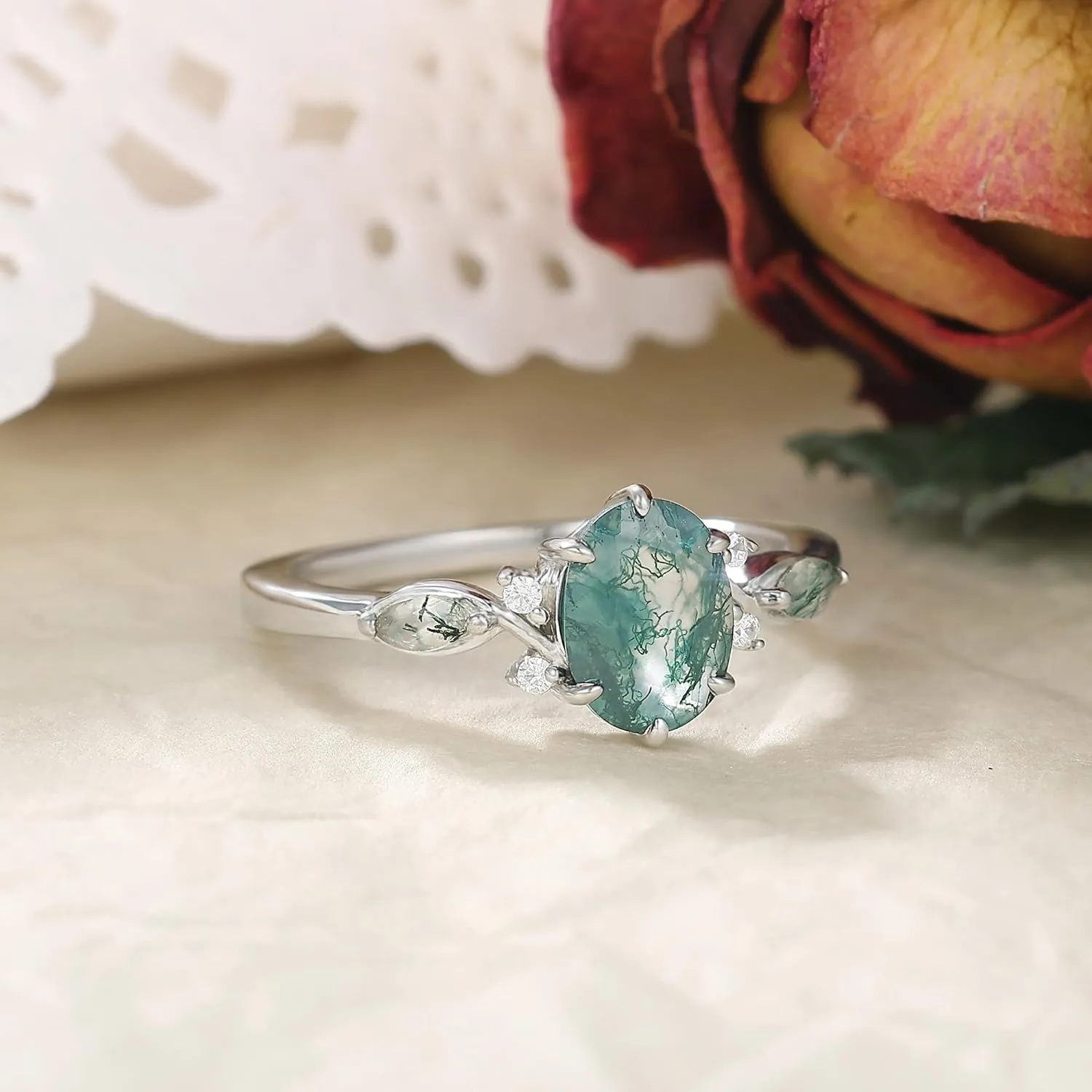 Mix Art Deco 1.0ct-1.5ct Natural Moss Agate 925 Silver Women Rings: Various Cut Green Agate Engagement Rings Plated with Platinum, Leaf Vines & Geometric Sterling Silver Bridal Promise Ring for Her (1.5ct 1.35ct 1.3ct 1.1ct 1.0ct) Size 4-9
