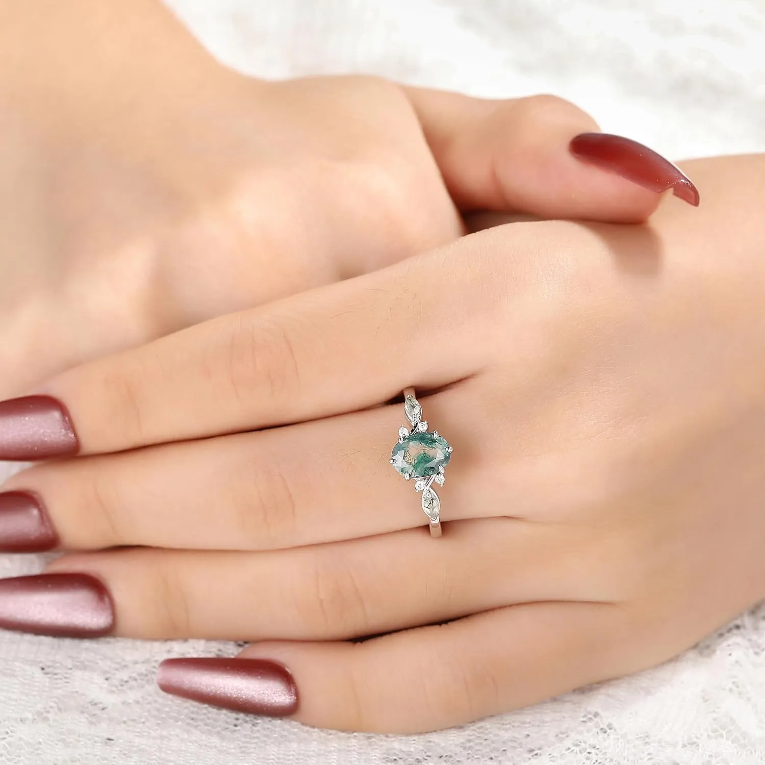Mix Art Deco 1.0ct-1.5ct Natural Moss Agate 925 Silver Women Rings: Various Cut Green Agate Engagement Rings Plated with Platinum, Leaf Vines & Geometric Sterling Silver Bridal Promise Ring for Her (1.5ct 1.35ct 1.3ct 1.1ct 1.0ct) Size 4-9