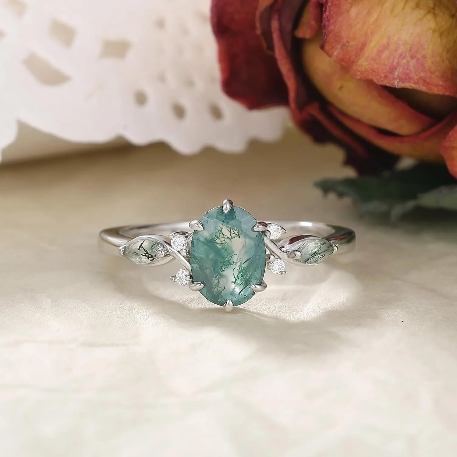 Mix Art Deco 1.0ct-1.5ct Natural Moss Agate 925 Silver Women Rings: Various Cut Green Agate Engagement Rings Plated with Platinum, Leaf Vines & Geometric Sterling Silver Bridal Promise Ring for Her (1.5ct 1.35ct 1.3ct 1.1ct 1.0ct) Size 4-9