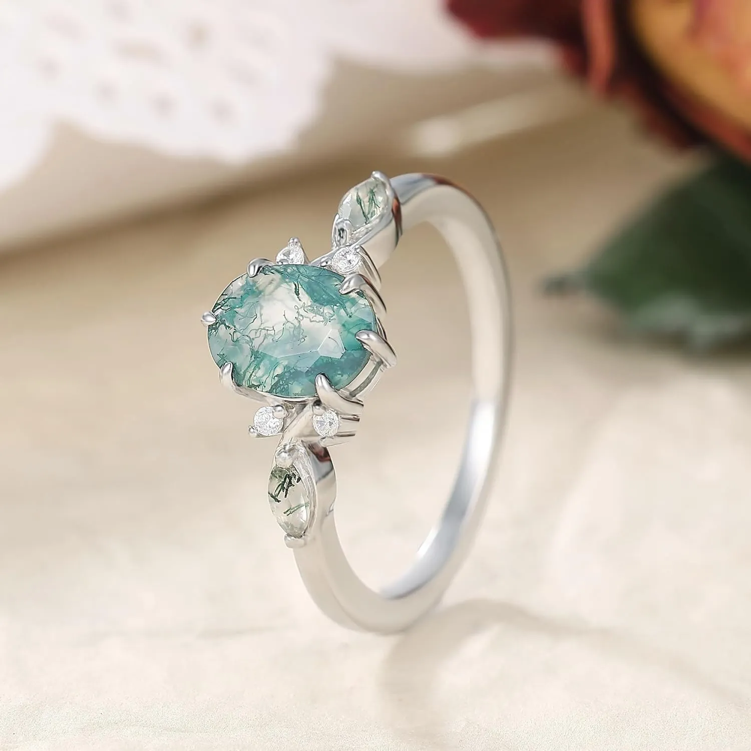 Mix Art Deco 1.0ct-1.5ct Natural Moss Agate 925 Silver Women Rings: Various Cut Green Agate Engagement Rings Plated with Platinum, Leaf Vines & Geometric Sterling Silver Bridal Promise Ring for Her (1.5ct 1.35ct 1.3ct 1.1ct 1.0ct) Size 4-9