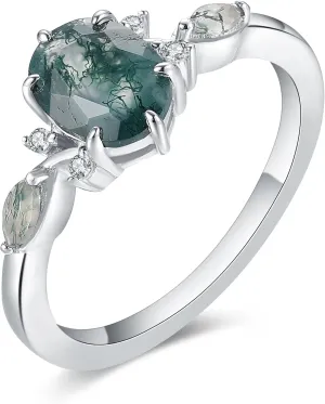 Mix Art Deco 1.0ct-1.5ct Natural Moss Agate 925 Silver Women Rings: Various Cut Green Agate Engagement Rings Plated with Platinum, Leaf Vines & Geometric Sterling Silver Bridal Promise Ring for Her (1.5ct 1.35ct 1.3ct 1.1ct 1.0ct) Size 4-9