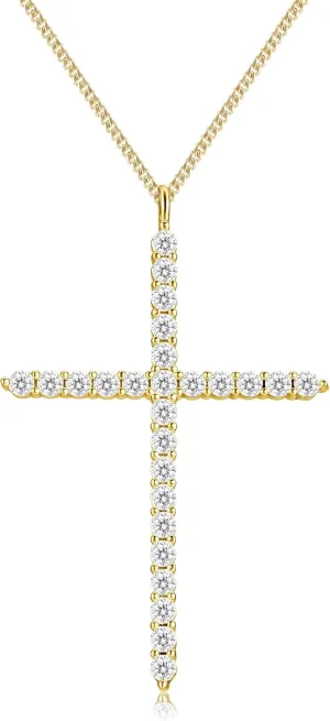 Moissanite Cross Necklace for Women, 925 Sterling Silver Diamond Crucifix Pendant, 14K White Gold Plated Iced Out Jesus Christian Jewelry, Birthday Wedding Christmas Gift (17 2.5 Adjustable Chain, with Box)
